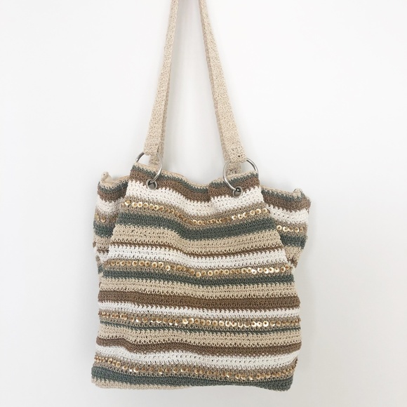 Boho Tan White Green Striped Sequin Hobo Woven Bag - Picture 6 of 8